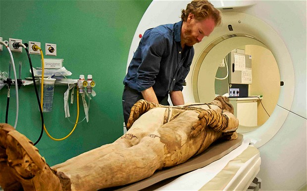A mummy undergoing a CT scan at the Royal Brompton Hospital. © Trustees of  the British Museum