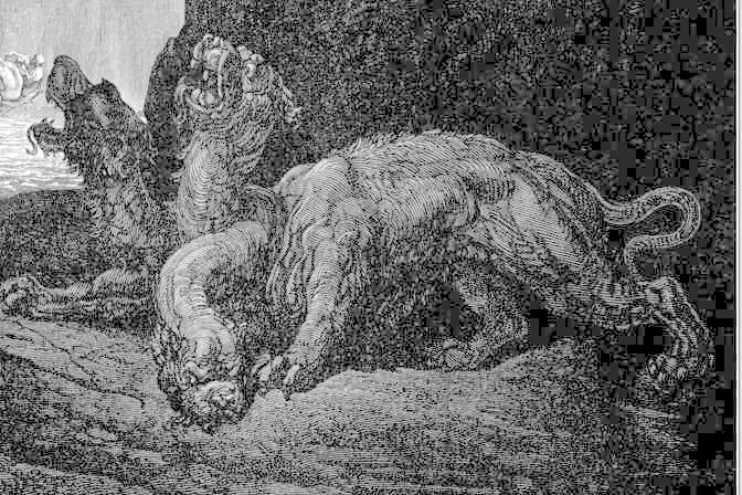 Cerberus, as illustrated by Gustave Doré in Dante's Divine Comedy.