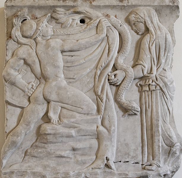 Jason seizing the Golden Fleece, fragment of a sarcophagus. Luni marble, Roman artwork, second half of the 2nd century AD. Photo by Marie-Lan Nguyen / Wikipedia