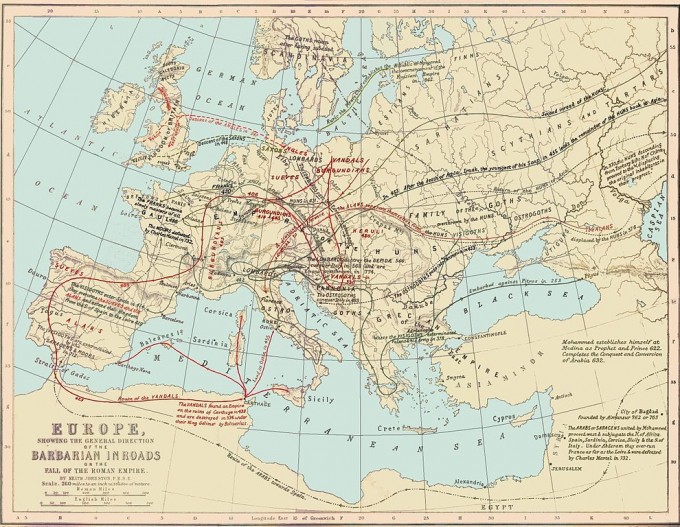 Routes of Barbarian Invasions - from Ginn & Company's Classical Atlas, Keith Johnston, cartographer (Boston, 1894)