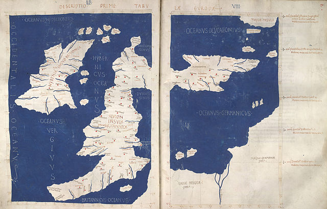 A Latin map of the British Isles (Insulae Britannicae): Ireland (Hybernia) and Britain (Alvion), based on Ptolemy's Geography. Note the positioning of Scotland at a right angle to the rest of Britain.