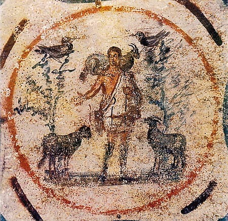 Center of the ceiling of the "Velatio" cubicle: the Good Shepherd