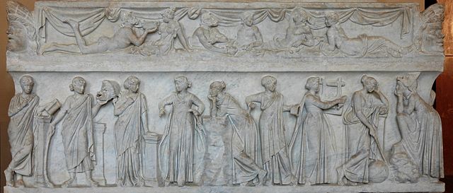 The nine muses — Calliope, Clio, Euterpe, Erato, Melpomene, Polyhymnia, Terpsichore, Thalia and Urania — on a Roman sarcophagus