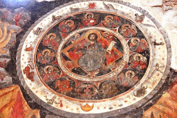 A 17th-century fresco from the Cathedral of Living Pillar in Georgia depicting Jesus within the Zodiac circle