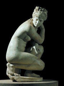 Lely's Venus full view of face. Marble statue of a naked Aphrodite crouching at her bath, also known as Lely’s Venus. Roman copy of a Greek original, 2nd century AD. Height 120cm. Royal Collection Trust / © Her Majesty Queen Elizabeth II (2015).