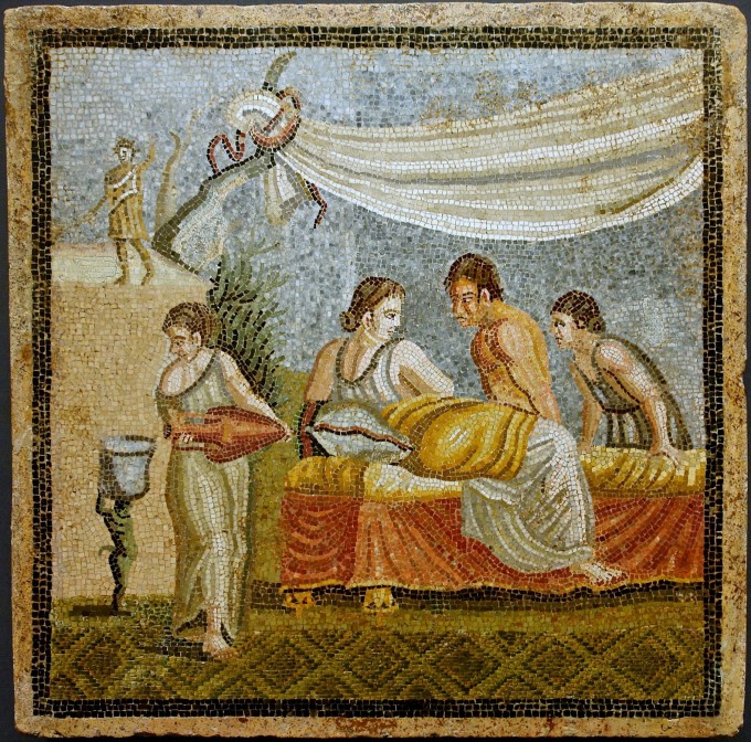 Romantic scene from a mosaic (Villa at Centocelle, Rome, 20 BC–20 AD) - photo by  Alberto Fernandez Fernandez / Wikipedia